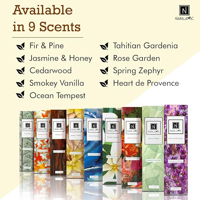 Nabila K Smokey Vanilla Reed Diffuser Set – Warm Fruity & Woodsy Aromatic Oil for Home – Long-Lasting, Smokeless Scent – Made in USA – Includes Reeds + Bottle – Flameless Candle Alternative