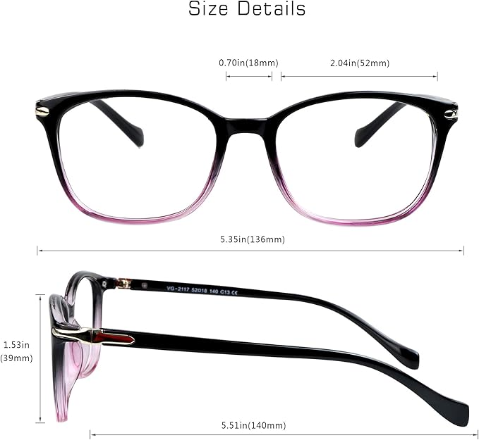VisionGlobal Blue Light Blocking Glasses for Women/Men, Anti Eyestrain, Computer Reading, TV Glasses, Stylish Square Frame, Anti Glare(Black Purple,+0.75 Magnification)