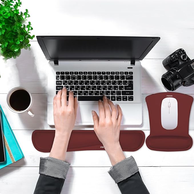 MOSISO Wrist Rest Support for Mouse Pad & Keyboard Set, Ergonomic Mousepad Non-Slip Base Home/Office Pain Relief & Easy Typing Cushion with Neoprene Cloth & Raised Memory Foam, Wine Red