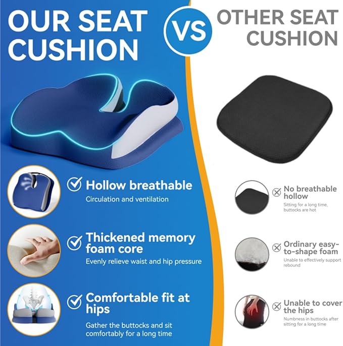 Seat Cushions for Office Chairs Wheelchair Cushion for Long Sitting Back Pain，Memory Foam Seat Car Computer Desk Chair Cushion，Coccyx Cushion for Tailbone Pain Relief Cushion Office Chair Butt Pillow