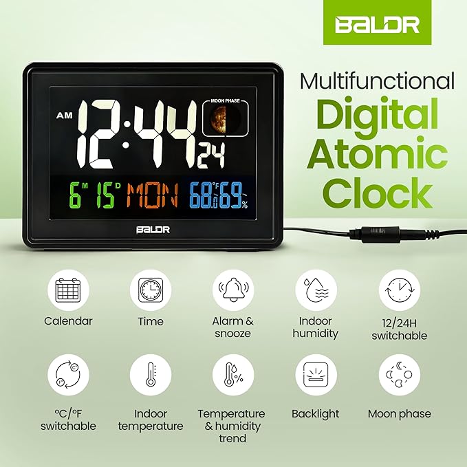 BALDR Atomic Clocks for Bedrooms Digital Large Display - Black - Desk Clock with Temperature Indoor and Humidity, Night Stand Clock, Moon Phase Clock, Alarm Clocks for Living Room, Digital Clock Wall