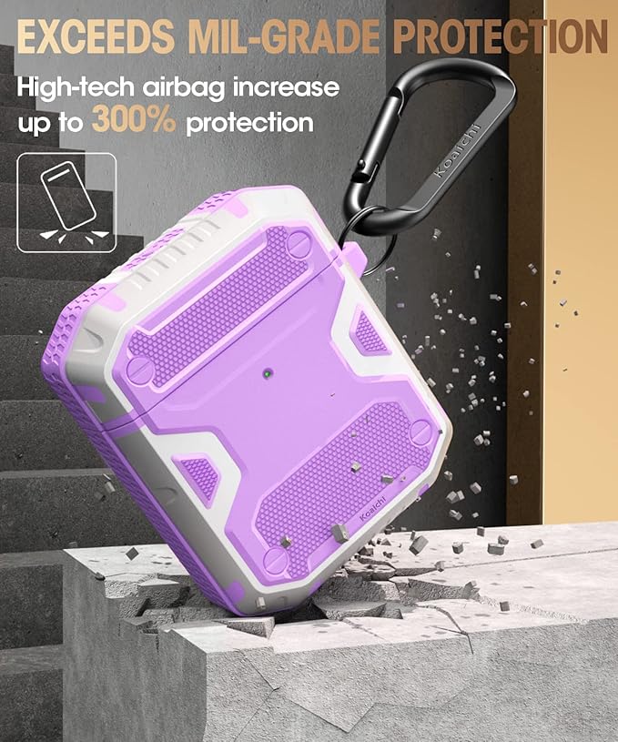 Koaichi Compatible with AirPods Case, Full-Body Rugged Hard Shell Protective Case Cover with Keychain Designed for AirPods 1st & 2nd, Purple/White