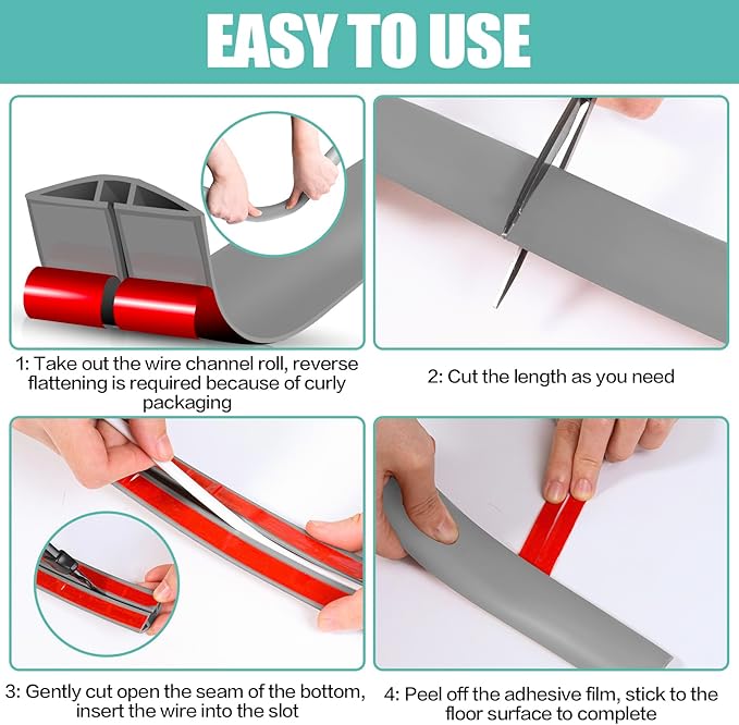 Floor Cord Cover Self Adhesive Cord Hider,10FT Cable Management, Extension Strip Protector for Wires, Prevent Cable Trips for Offices, Gyms, Exhibitions Cavity:0.39"(W) x 0.27"(H) Gray