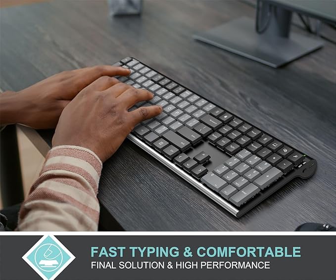 Arteck Mechanical 2.4G USB Wireless Performance Keyboard, Tacktile Quiet Brown Switches, Stainless Steel Low Profile for PC/Desktop/Laptop/TV and Windows 11/10 Built in Rechargeable Battery Black
