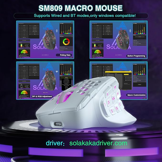 SM809 Pro Wireless MMO Gaming Mouse with 9 Side Buttons,24000 DPI,Triple Connectivity (2.4G/BT/Wired) RGB MMO Mouse for Gamer,16 Programmable Macros,Up to 350H Battery Life,White