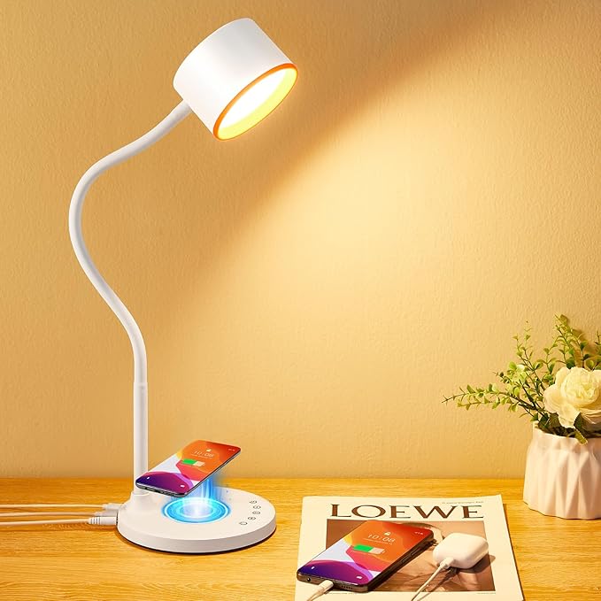 KAiSnova Desk Lamp for Office Home, Gooseneck Desk Lamp with Wireless Charger, Touch Table Lamp with USB C+A Charging Ports, 5 Colors Dimmable Bedside Reading Lamp for College Dorm Room White