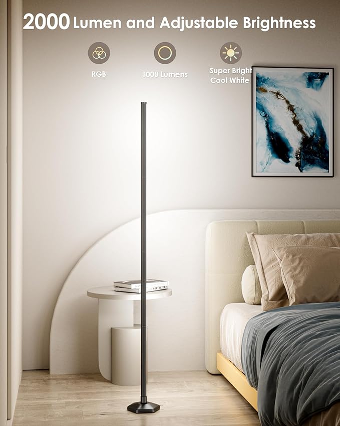 RGB+W Corner Floor Lamp, 65" Color Changing 24V LED Floor Lamp with Cool White Bluetooth APP Remote Control Music Sync Modern Stand Lamp 16 Million DIY Colors for Living Room Bedroom