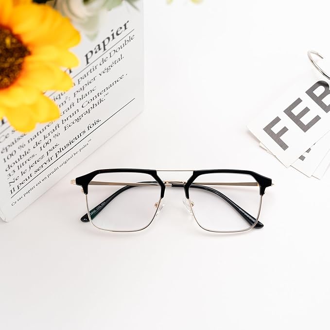 GUDVUE Mens Blue Light Glasses Rectangle Computer Glasses Gaming Glasses, Aviator Black/Golden