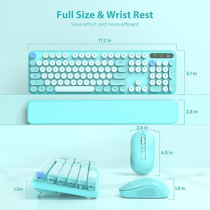 Wireless Keyboard and Mouse Combo, Full-Size Retro Typewriter Keyboard with Detachable Wrist Rest, Round Keycaps, Sleep Mode & Tilt Legs, 2.4GHz Cordless Connection for Windows/PC (Robin Egg Blue)