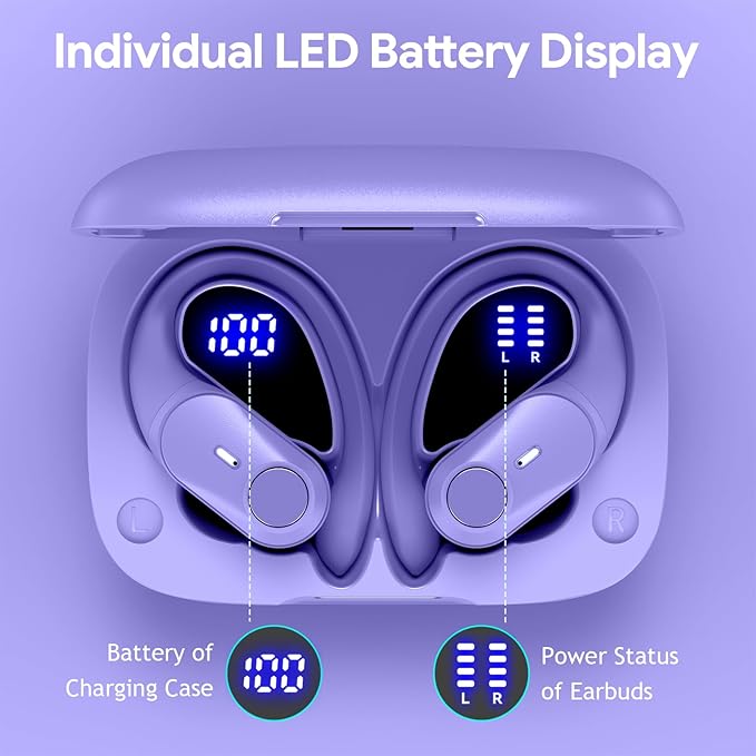 GOLREX Active Noise Cancelling Ear Buds Wireless Earbuds Bluetooth Headphones with 80H Playtime LED Display Charging Case, Over Ear Earphones with Hooks for Sports Running Gym Workout Purple