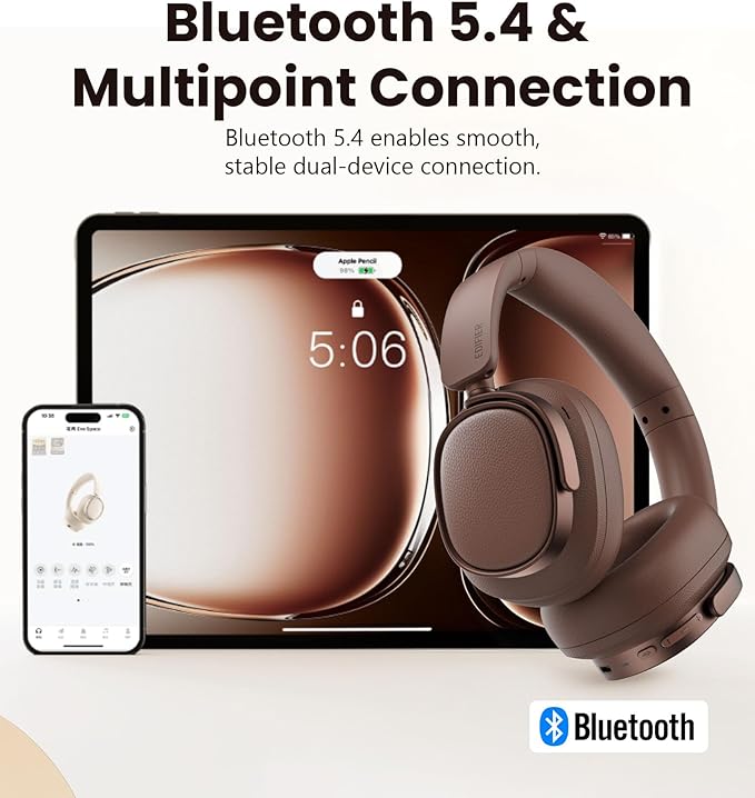 Edifier ES850NB Active Noise Cancelling Headphones, Over Ear Bluetooth Headset, 92H Playtime Wired & Wireless Hi-Res Audio Certified, Fast Charging Clear Calls for Home Office Travel - Brown