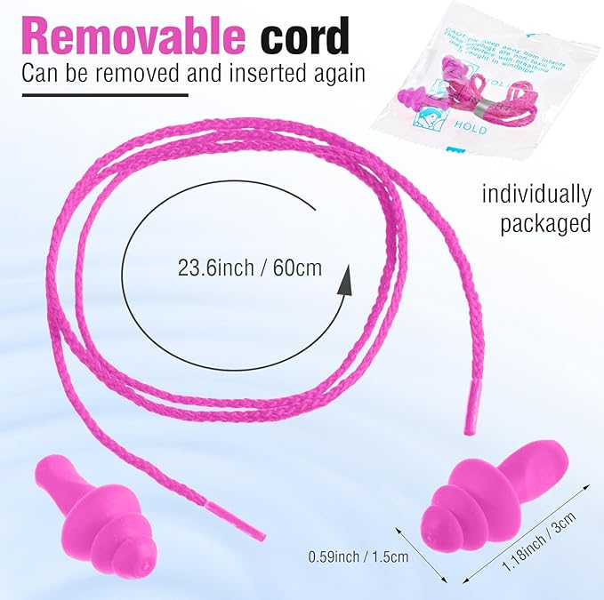 Tondiamo 200 Pairs Ear Plugs Reusable Silicone Earplugs with Cord Sleeping Individually Wrapped Hearing Protection Noise Cancelling Earplugs for Work Construction Shooting Sports (Pink)