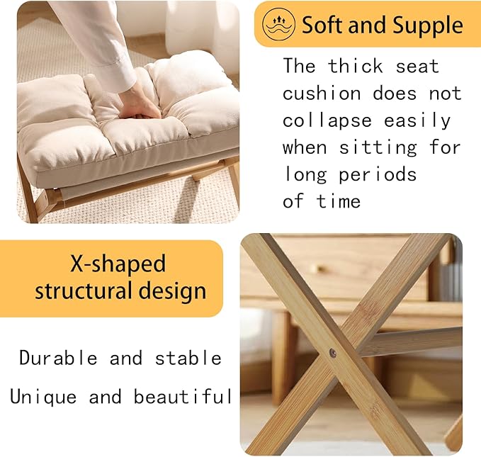 Folding Upholstered Footrest Stool, Small Accent Ottoman with Thick Cotton Cushion & Bamboo X Legs, Modern Padded Sofa Stool for Makeup Bedroom Living Room (Black)