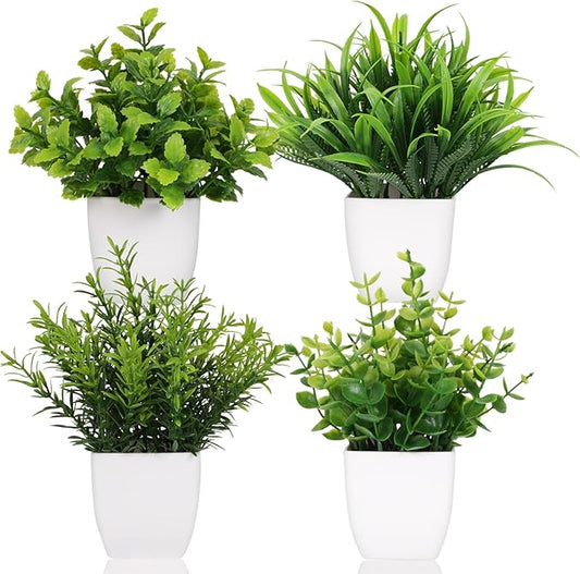 4 Pot Small Fake Plant Flowerpot Artificial Plastic Eucalyptus Plant Wheat Grass Shrub Plant Indoor Desk Coffee Table Bathroom Bedroom Home Decoration (4)