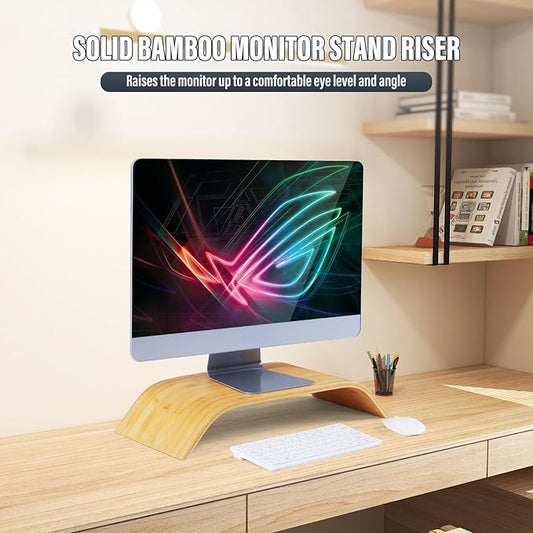 21in Large Single Monitor Stand，Desk Shelf Monitor Stand Ergonomic Height，Premium Natural Bamboo Wood Computer Stand Monitor Riser for Your Desktop，PC, Printer, Computer，Laptop，No Assembly Required