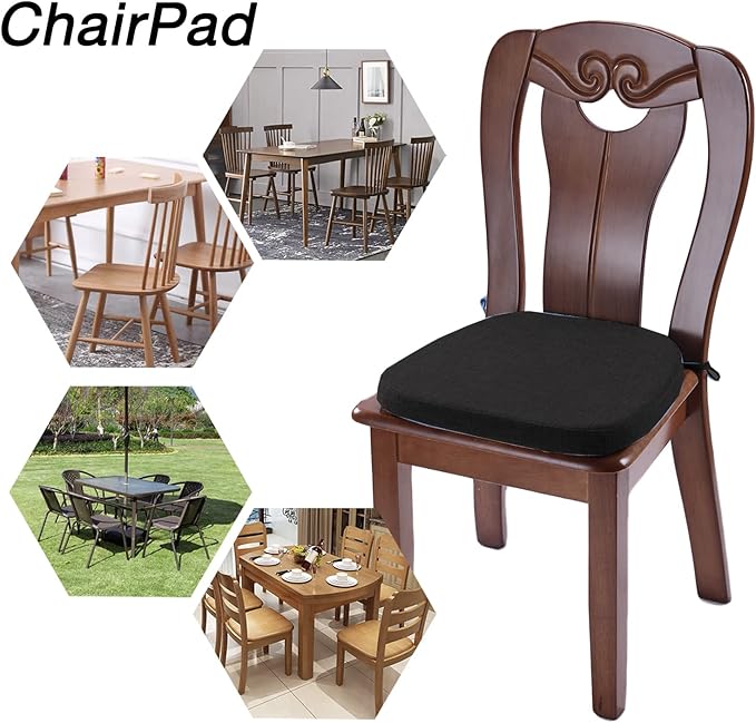 Chair Cushion with Ties for Dining Chair - Memory Foam No Slip Kitchen Chair pad and Dining Room Seat Cushion with Machine Washable Cover Set of 4 [16.5 X 16.2 Inches] - (Black,4)