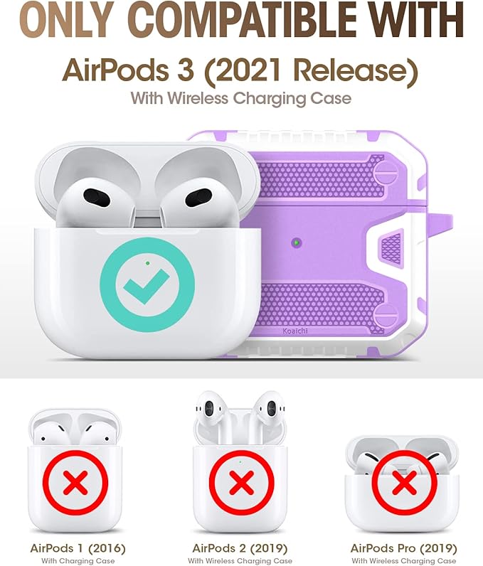 Koaichi Compatible with AirPods 3rd Generation Case(2021), Full-Body Rugged Hard Shell Protective Case Cover with Keychain Designed for AirPods 3 Case, Purple/White