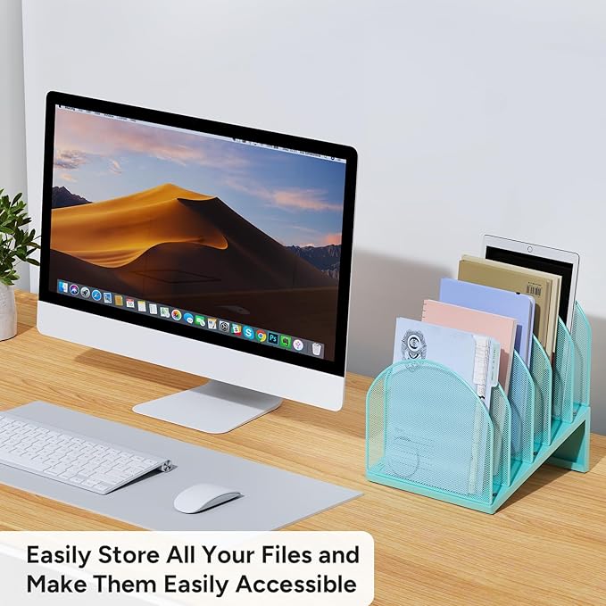 5-Section Desk File Organizer, Metal Mesh Folder Organizer for Documents, Mail & Office Papers (Blue)