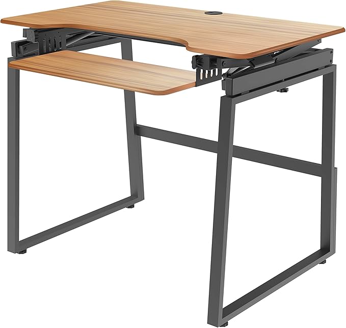 Rocelco 40" Large Height Adjustable Standing Desk BUNDLE - Quick Sit Stand Up Dual Monitor Riser - Gas Spring Assist Computer Workstation - Retractable Keyboard Tray - Teak Wood Grain (R DADRT-40-FS2)