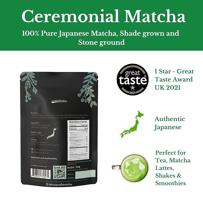 Heapwell Japanese Matcha – Premium & Ceremonial & AAA Grade Matcha Tea | Authentic Japanese Origin (1.05oz (30g), Ceremonial Grade)