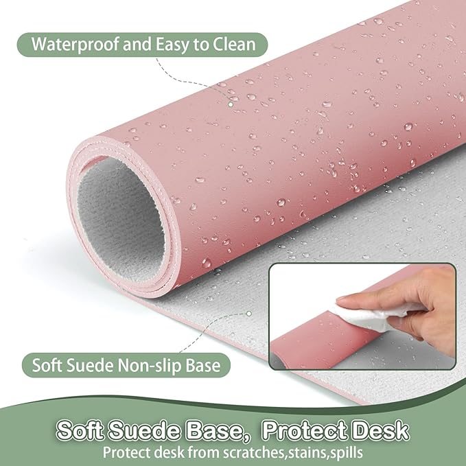 Boutilon Leather Desk Pad Protector,Non-Slip Mouse Pad,Laptop Desk Pad,Office Mouse Mat,Waterproof Leather Desk Blotter,Desk Writing Pad for Office and Home (XL-Pink,35.4"x 15.7")