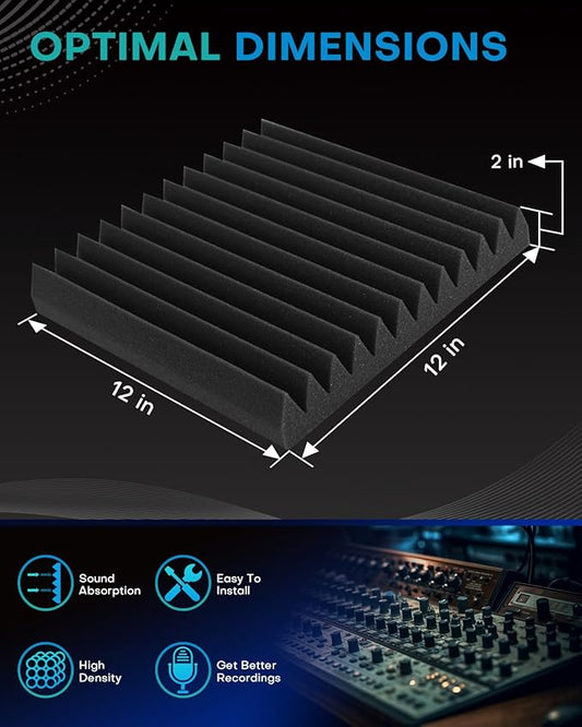 50 Pack Sound Proof Foam Panels for Walls, 2 X 12 X 12 Inches Acoustic Foam Panels, High Density Acoustic Panels Sound Absorbing, Noise Cancelling Studio Wedges, Black (NOT INCLUDE ADHESIVE)