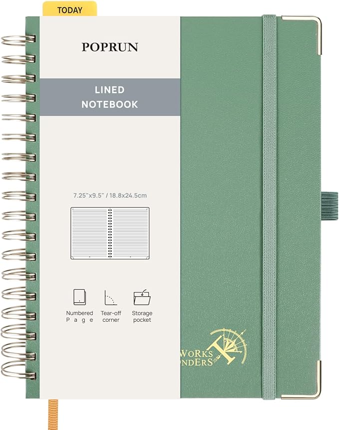 POPRUN Lined Spiral Journal Notebook for Women & Men, 7-1/4" x 9-1/2", 220 Numbered Pages, College Ruled Hardcover Notebook for Work, Journals for Writing, 120 GSM Thick Paper - Midnight Green