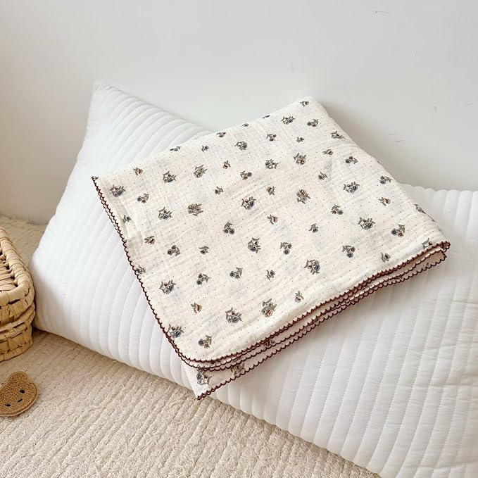 BuLuTu Large Muslin Toddler Blanket 47x51 Inch, Cottage Floral Print Baby Crib Blanket, Soft Breathable Lightweight Nursery Blankets, Pansy Flowers & Small Dots Pattern