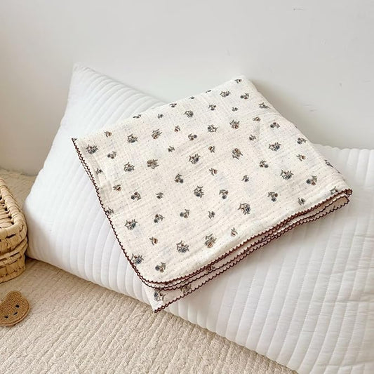 BuLuTu Large Muslin Toddler Blanket 47x51 Inch, Cottage Floral Print Baby Crib Blanket, Soft Breathable Lightweight Nursery Blankets, Pansy Flowers & Small Dots Pattern