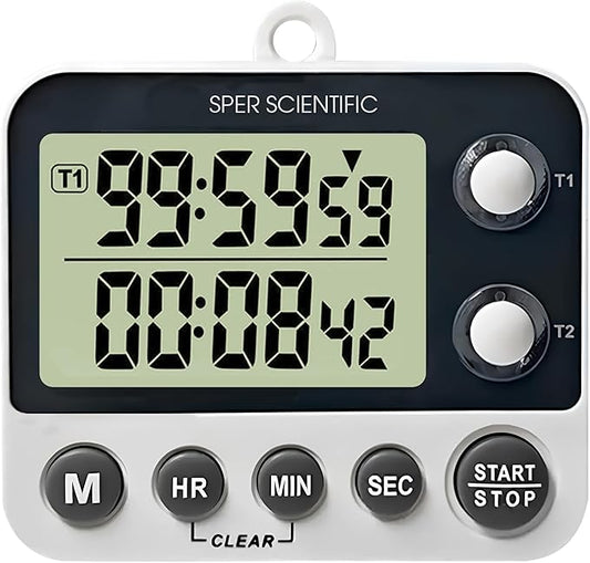 Sper Scientific 2 Channel Digital Lab + Kitchen Timer with Color Coded LED Lights 810002 – Dual Countdown Timer with Large Display, Loud Alarm & Clock Mode - for Cooking, Labs & More