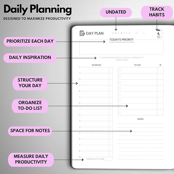 Undated Daily Planner – 6-Month A5 Productivity Organizer with Full Page Per Day, Hourly Schedule, Goal Setting, Habit Tracker, Weekly & Monthly Pages – Hardcover Time Management Notebook (Lilac)