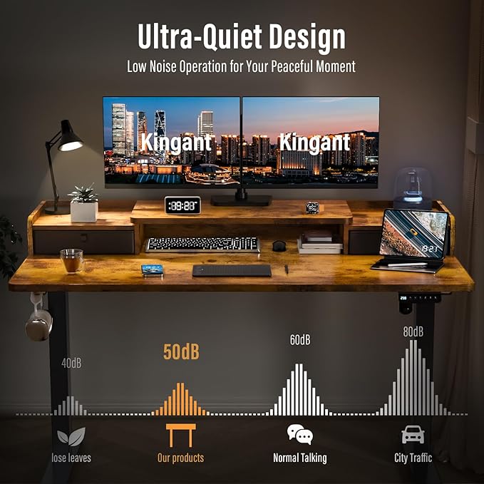 Kingant 63" x 30" Standing Desk with Drawers, Large Desktop, Ergonomic Sit Stand Desk for Home Office Work, Cable Management, 3 Preset Heights & 2 Hooks, Rustic Brown