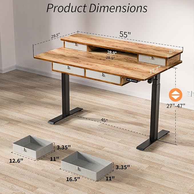 Standing Desk with Fast Charging USB Ports, 55" x 30" Height Adjustable Home Office & Gaming Desk, Sit Stand Desk with Built-in Storage Shelf, Hook & Ergonomic Design(Light Rustic)