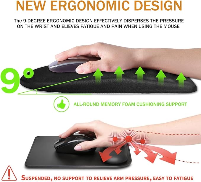 Ergonomic Mouse Pad Wrist Support,Upgrade Mousepad with Massage Design,Non-Slip PU Base Desktop Mouse Pads for Pain Relief, Computer, Office & Home,12 x 8 in（E-Black）