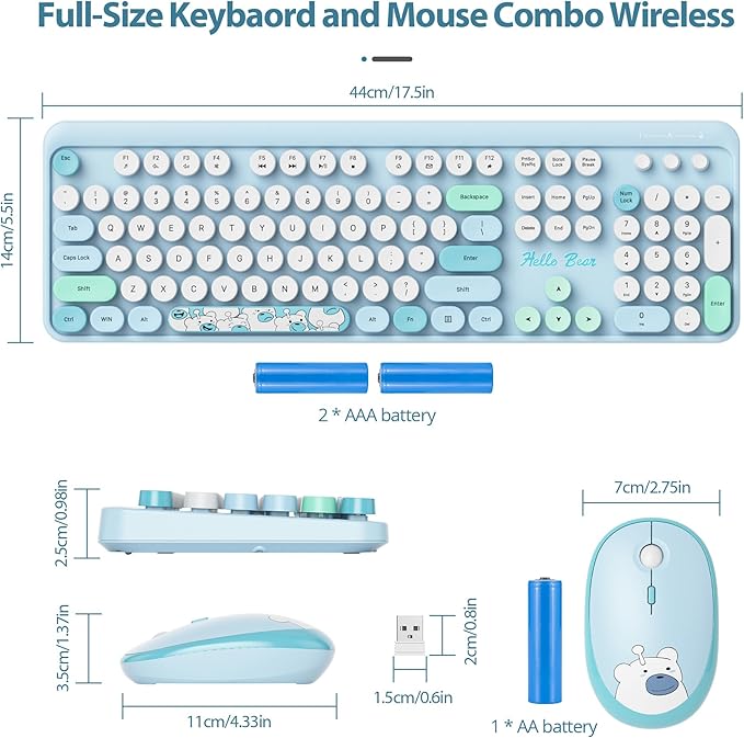 Fogruaden Wireless Keyboard and Mouse Combo, 2.4GHz Retro Typewriter Keyboard, 104 Full Size Round Keycap Cute Computer Keyboard with Number Pad, Blue Colorful Keyboard for Windows PC Laptop(Blue)