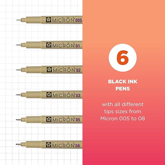 SAKURA Pigma Micron Fineliner Pens - Archival Black Ink Pens - Pens for Writing, Drawing, or Bullet Journaling - Assorted Point Sizes - 6 Pack