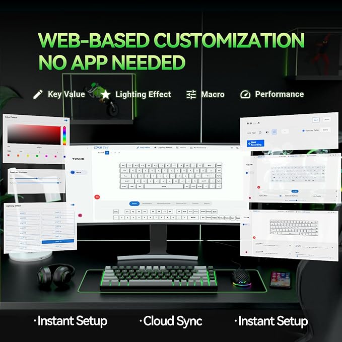 TMKB T68 60% Wireless Mechanical Gaming Keyboard, Tri-Mode BT5.0/2.4GHz/USB-C with Clicky Blue Switch, RGB Backlight, Anti-Ghosting, Compact 68 Keys, Wired/Wireless, Gray/Black