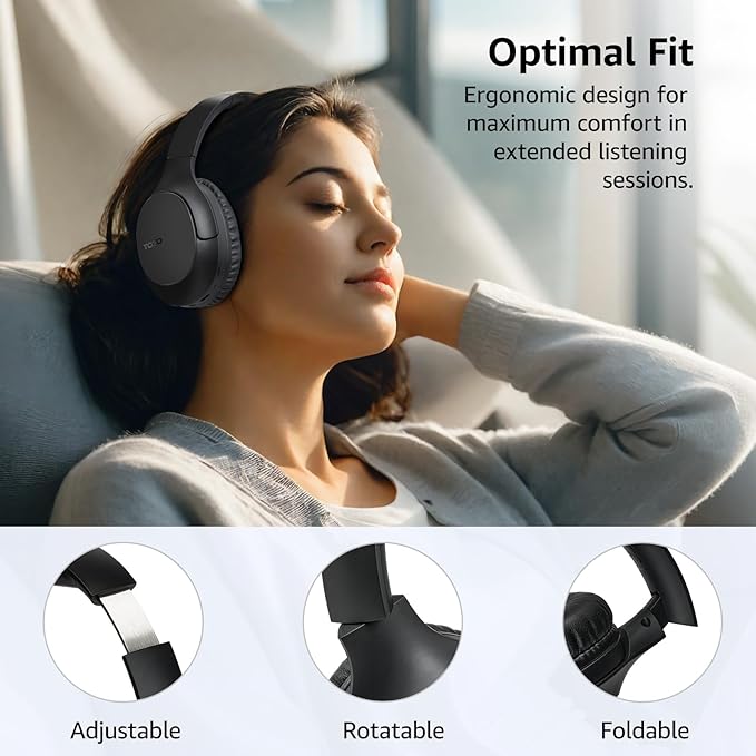 TOZO HA1 Bluetooth 5.4 Over Ear Headphones, 70H Playtime with Mic, Foldable Wireless Headset, Deep Bass Stereo Sound Customizable 32 EQ Music Mode Via Button & App for Travel and Home, Upgraded