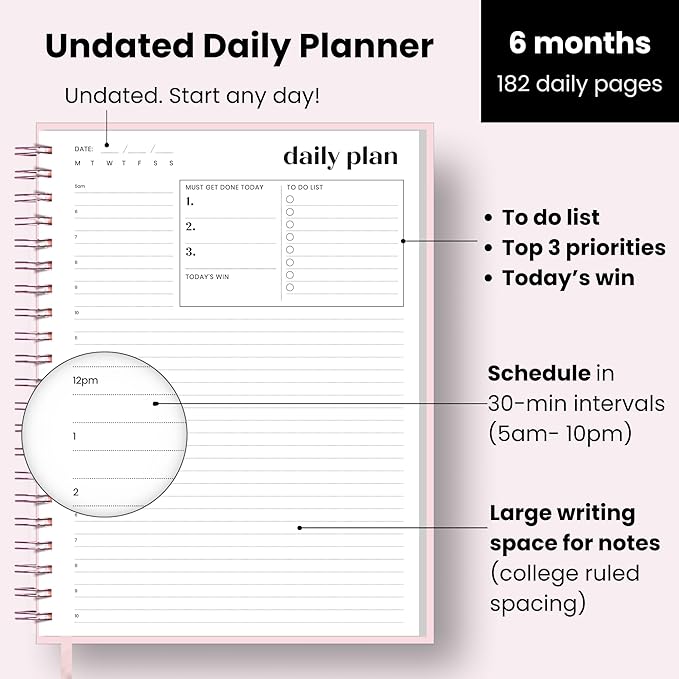 Large Daily Planner with Hourly Schedule, 8.5" x 11" Undated 6-Month Planner for Productivity, Full Page a Day, 2025-2026 Calendar, To Do List, Time Blocking, Pink Aesthetic Hardcover Spiral Notebook