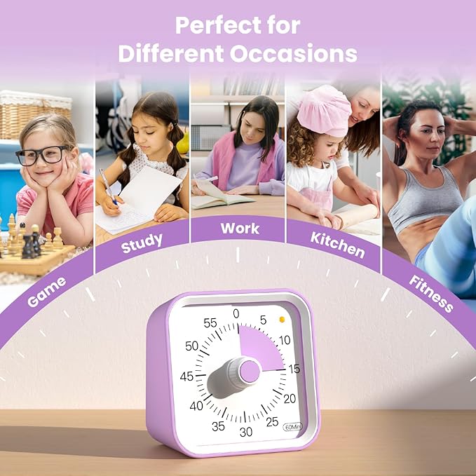Visual Timer for Kids with Pause Function, 60 Minute Countdown Timer for Kids Desk Study, Teaching, Kitchen Cooking, Office Meetings, Time Management for ADHD (Purple)