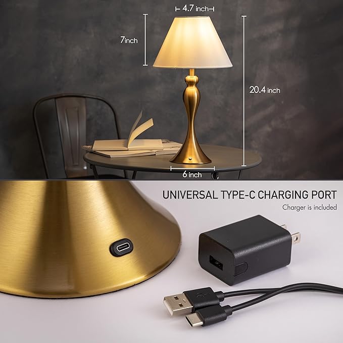O'Bright Ember Cordless Table Lamp – Rechargeable, Touch Dimmable, Battery Operated, E26 LED Bulb, Type-C Fast Charging, Portable Lamp for Bedroom, Living Room, Office, Antique Brass