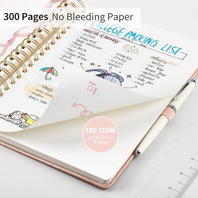 EMSHOI Bullet Dotted Journal Spiral Notebook - 300 Pages, A4 Hardcover Leather, 100 GSM Thick Dot Grid Notebook for Women Men Work Writing, Bullet Journaling, Drawing, 8.27" x 11.2", Rose Gold