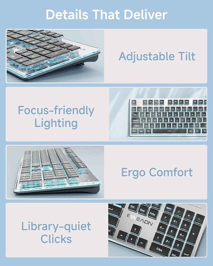 EWEADN V3 Wireless Keyboard and Mouse with Blue Backlit, Metal Panel, Bluetooth/2.4G Rechargeable Computer Keyboard and Mouse Combo Silent Lighted Full Size Cordless Keyboards-Black