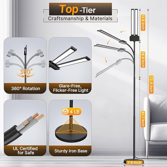 Syrinx LED Floor Lamp, Dual Head Gooseneck Floor Lamps for Living Room with Gesture Switch & Remote Control, 14W Bright Tall Standing Lamp Modern Eye-Caring Reading Floor Lamp for Bedroom Office