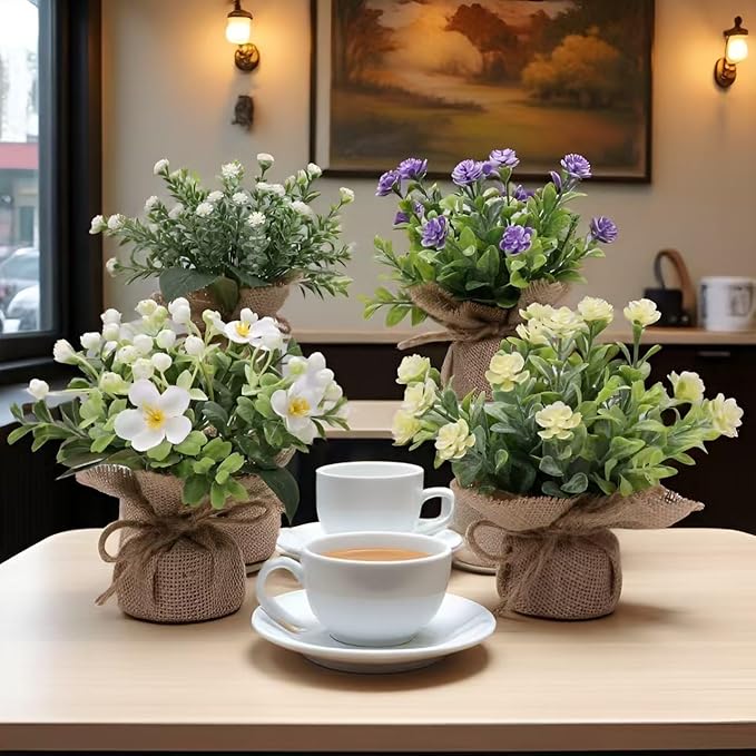 Artificial Flower Decoration mini Fake Plants Indoor Cute Small Faux Eucalyptus for House Home Living Room Bathroom Table Desk Office Hotel Spring Decor 4 Kinds of Flowers