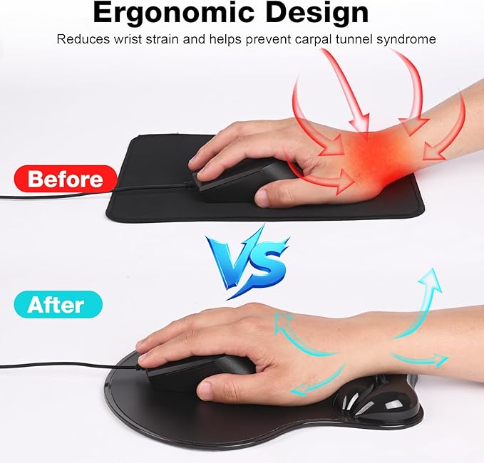 Mouse Pad with Wrist Rest, Ergonomic Mouse pad Gel Comfortable Computer Wrist Support for Laptop, Pain Relief Mousepad with Non-Slip PU Base for Office & Home Black
