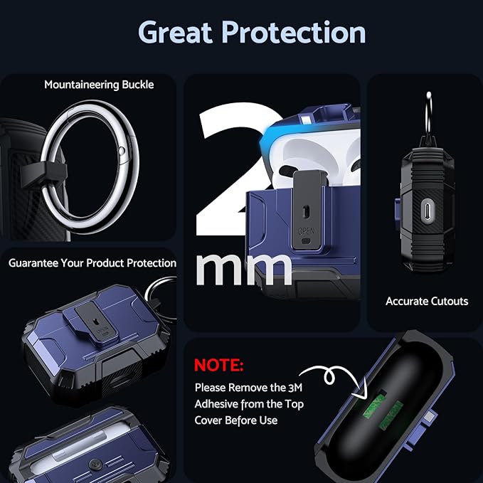 DASFOND Armor Cover Airpods 3 Generation Case, Military Grade Full Body Shockproof Protection Hard Case, Support Wireless Charging with Keychain, Magnetic Lid, Front LED Visible, Blue