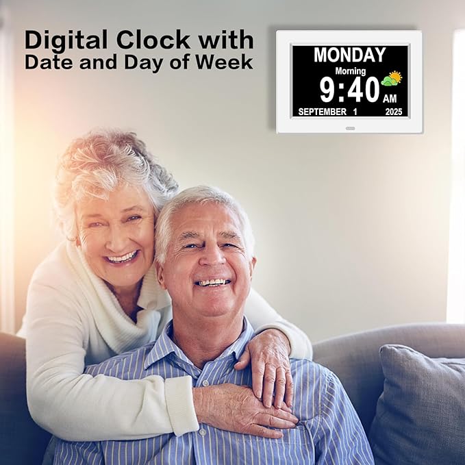 Digital Alarm Clock for Elderly Large Display for Seniors Electric Clocks with Date Day of Week 12 Alarms 4 Colors Desk Wall Calendar Clocks for Memory Loss Alzheimers Dementia Auto DST/Dimmer