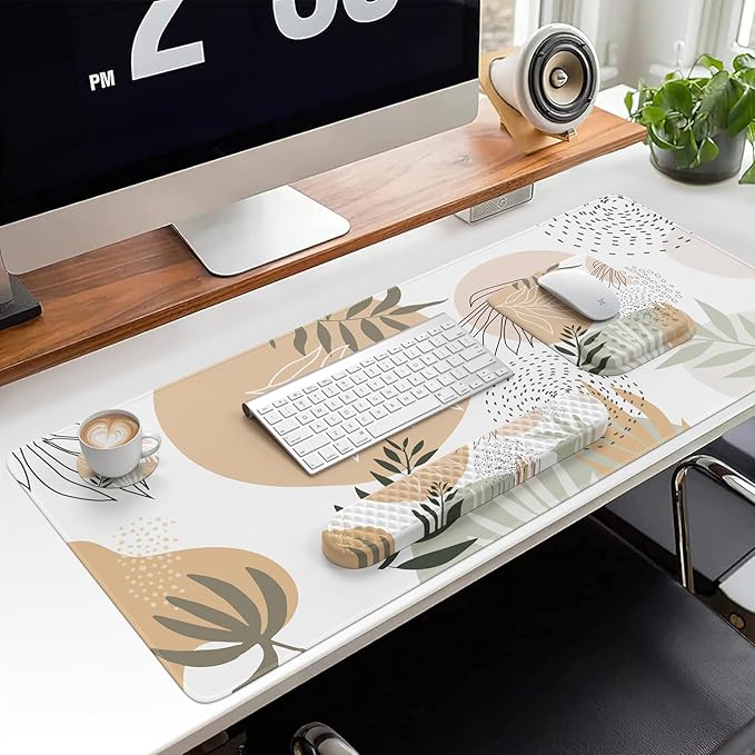 HAOCOO Computer Desk Mat Large, Ergonomic Mouse Pad with Wrist Rest and Keyboard Wrist Pad, 4 in 1 Desk Pad Set with Coaster, Massage Gaming Mousepad for Laptop Desktop Office, Boho Tropical Leaves