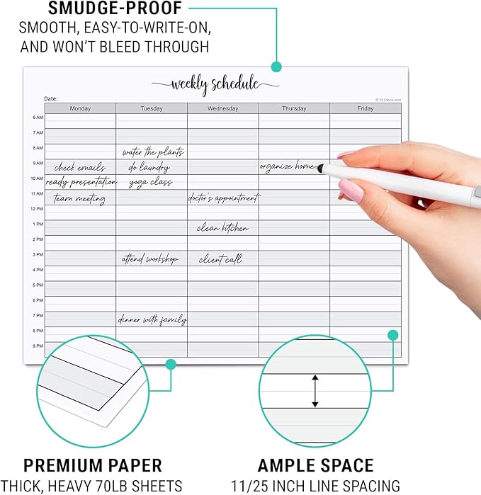 321Done Weekly Schedule Planning Notepad - 50 Sheets (8.5x11) – Hourly Appointment Productivity Weekly Planner Tear-Off Note Pad - Cute Simple Script Large Letter Size - Made in the USA